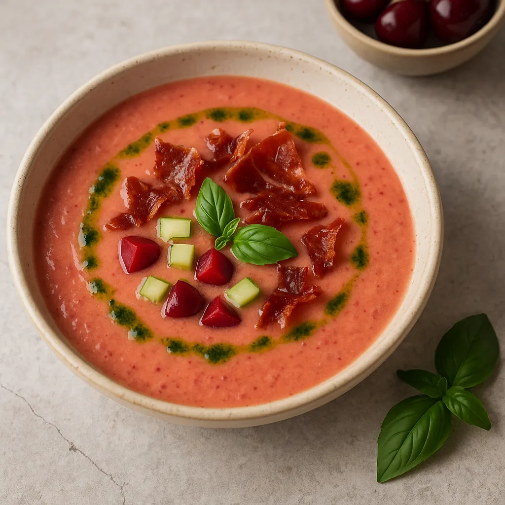 Receta de gazpacho con aceite de albahaca y crujiente de jamon