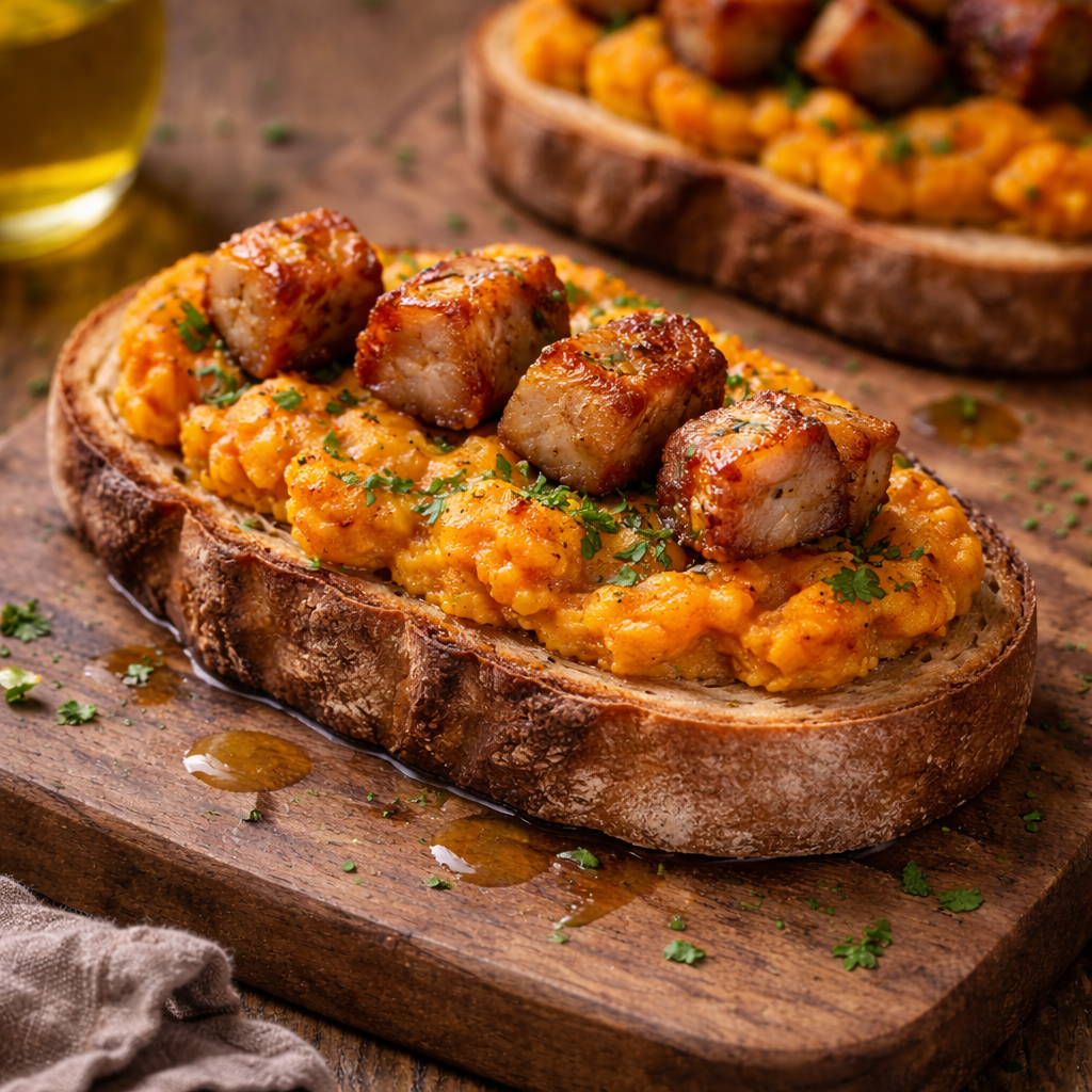 tosta de pan rústico con patata revolcona y torrezno crujiente